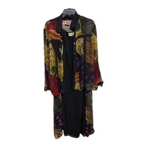 Vintage 2 Piece Midi Dress Sheer Cover Geometric Black Whimsical Boho Size Large